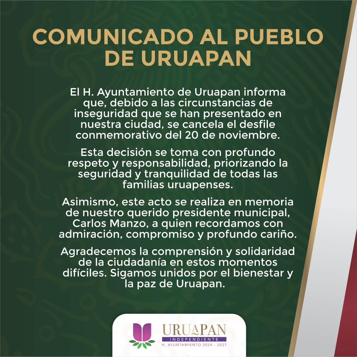Ayuntamiento cancela desfile del 20 de noviembre en Uruapan